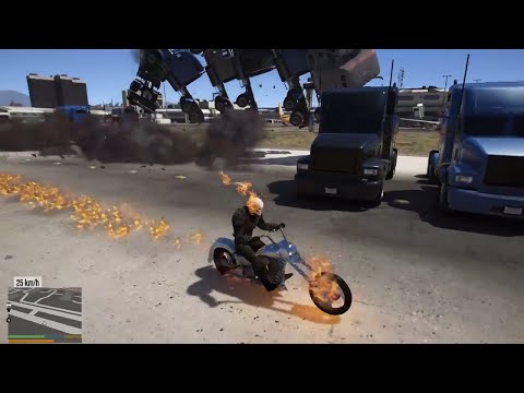 GTA 5 - Ghost Rider dùng moto biểu diễn phóng qua 50 xe đầu kéo | ND Gaming