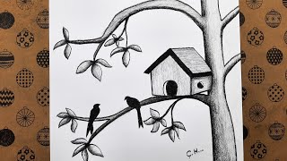 Kolay Çizim Fikirleri, Kuş Evi Karakalem Manzara Çizimi Adım Adım Nasıl Çizilir,