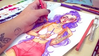 Summer Girl Process with Watercolor and Colored Pencils