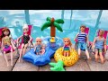 Family floaties day ! Elsa & Anna toddlers - Barbie dolls - gems - playing