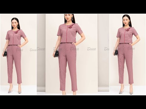 Bộ kẻ đỏ TosonFashion áo crotop hoa cuốn phối hợp quần tây