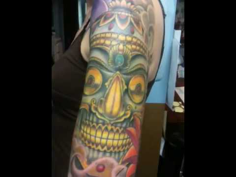 Japanese half sleeve Tibetan skull and mantis completed at guru tattoo