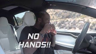 Idiot EATS BURGER with TESLA AUTO PILOT in CANYONS (Angeles Crest Highway)