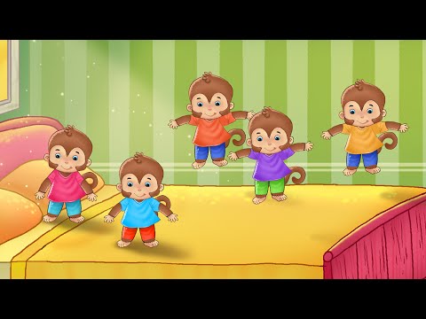 Five little monkeys jumping on the bed nursery rhyme cartoon animation ...