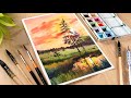 Easy Watercolor painting for beginners sunset and orange evening landscape