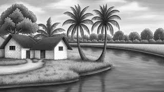 Realistic Prakritik Drishya Drawing House Drawing Banana Hayen House Drawing
