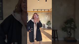 Kapüşonlu Bej Sweat Detay Siyah Buklet Kaban