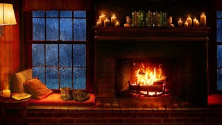 Cozy Cabin Ambience - Rain and Fireplace Sounds at Night 8 Hours for Sleeping, R
