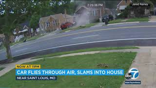  shows out-of-control car fly through air, slam into house