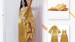 Folva Kimono Set Tanktop Baju Tidur Bahan Satin 1445Eset Emas Allsize
