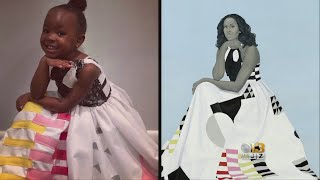 Little Girl Parker Curry Obsessed With Michelle Obama's Portrait Dressed As Her For Halloween