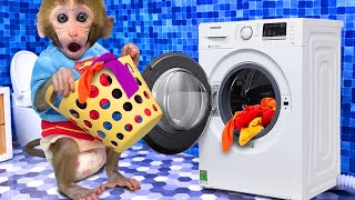 Monkey Baby Bon Bon Washes Clothes In The Toilet And Takes Care Of The Plants In The Garden