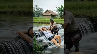 Gadis Desa Mandi Di Sungai, Santai Di Alam Hijau