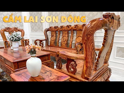Bàn ghế gỗ cẩm lai | Mẫu chạm đào tay 12 - 10 món