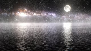 Night Sky Full Moon Milky Way Galaxy Stars Reflection On Calm Water 4K Vj Loop Motion Background
