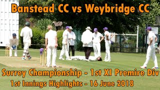 Banstead CC v Weybridge CC - 1st XI Surrey Championship Club Cricket Highlights 2018 - Part 1/2
