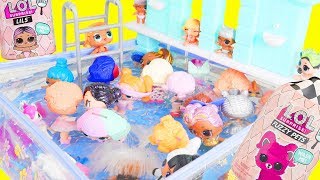 LOL Surprise Dolls Mix Pool Party with Lil Sister Fuzzy Pets | Toy Egg Videos