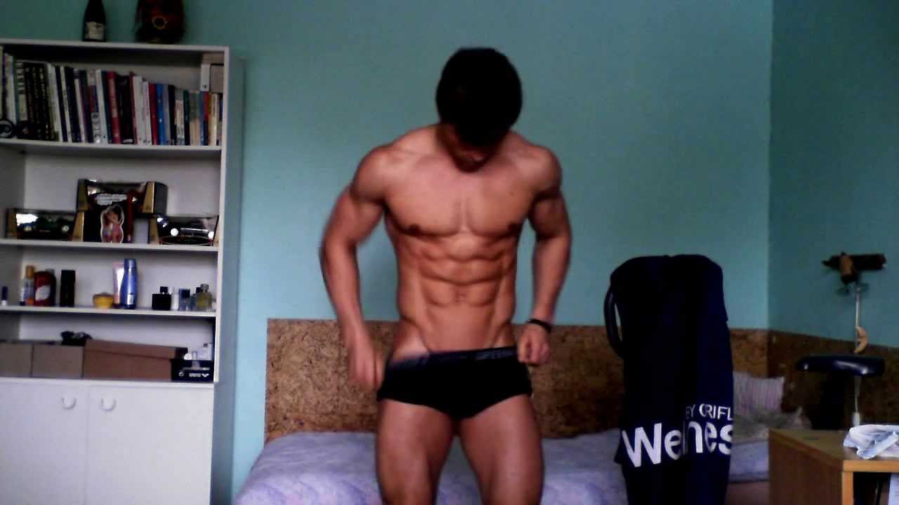 Skinny fitness flexing webcam
