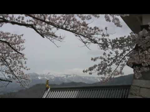 上山城（２）　残雪の蔵王連峰と桜と上山城