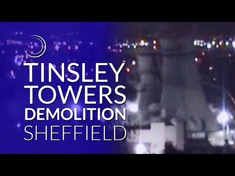 Demolition of Sheffield's iconic Tinsley Towers, situated just 9 meters away from a viaduct of the M1 motorway at it's cloest point - near to Meadowhall shop...