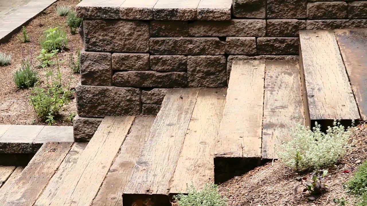 Recycled Railroad Tie Stairs and Allan Block Wall - YouTube