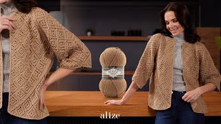 Alize Superlana Kla Ile Üçgen Parçalı Şiş Örgüsü Altıgen Hırka