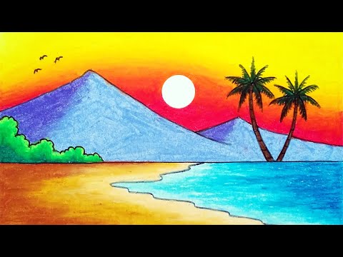 Play this video How to Draw Beautiful Sunset in the Beach  Easy Sunset Scenery Drawing
