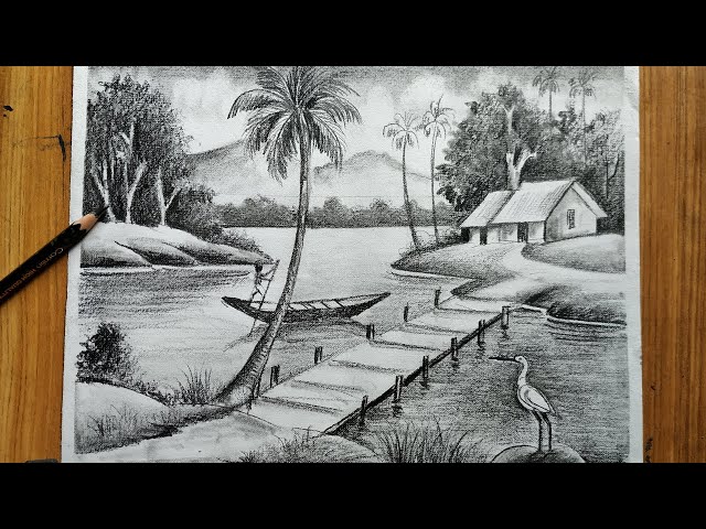 Play this video how to draw easy pencil sketch  scenery ,landscape pahar and river side scenery drawing,