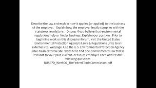 Find One Environmental Law That Is Relevant To Your Past, Current, Or Future Employer