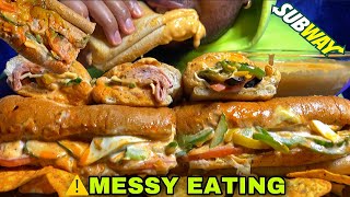 Messy Eating Y Cheese Saucesubway Ham & Cheese, Grilled Chicken & Veggie Foot Long