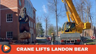 Crane Lifts 18-Foot Bear Statue At Landon School Onto New Platform