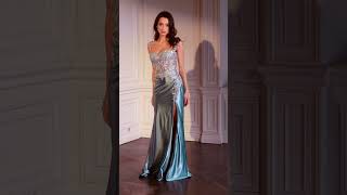 Robin Blue Satin & Lace Dress Cd775 With A Sheer Corset Bodice & Leg Slit