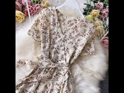 Đầm voan hoa cổ chữ V thắt eo