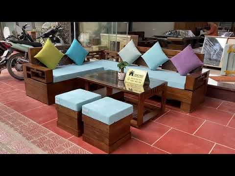 Hình ảnh thực tế Bộ bàn ghế sofa góc Trung gỗ sồi Nga SG02 phun màu óc chó kèm đệm