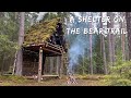 Construction of a shelter for survival in forest. Hiding from bad weather and animals in a warm hut.