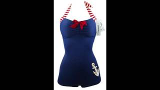 Cocoship 50S Retro Navy Blue Nautical Vintage One Piece Swimwear Anchors Away Halter Swimsuit