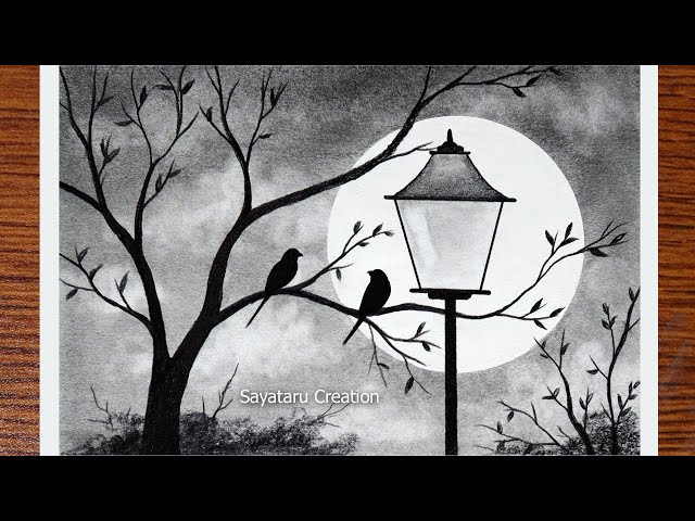 Play this video How to Draw Scenery of Moonlight Night by pencil sketch, Love Birds Scenery Drawing