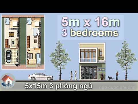 Mẫu nhà ống 2 tầng đẹp 5mx16m, 3 phòng ngủ, đầy đủ bản vẽ ● 3D House Design