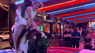 Two Girls Together Bull 🐂 Riding | Benidorm Bull | Red Lion 🦁 Bar In Benidorm
