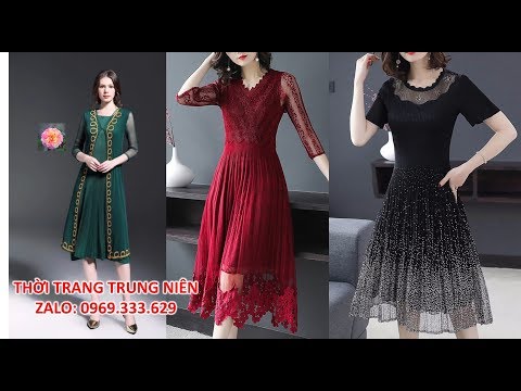 Váy Đầm Xòe Tuổi Trung Niên Cao Cấp Sang Trọng U40 U50 Ren Nhúng Phối Ren Co giãn nhiều Giảm 100K