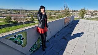 🌟Victoria Devil- Red Leather Outfit, Extra Thigh High Boots, Black Leather Jacket Walking. Smoking