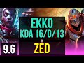 EKKO vs ZED (MID) | KDA 16/0/13, 500+ games, 2 early solo kills, Legendary | TR Master | v9.6