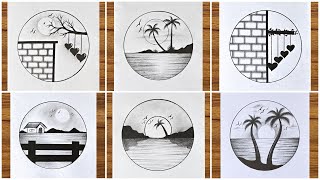 6 Easy Circle Scenery Drawing Ideas || Easy Nature Scenery Drawing || Circle Drawing For Beginners