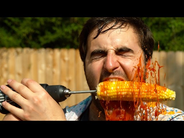 Eating Corn With A Drill In Slow Motion - Video