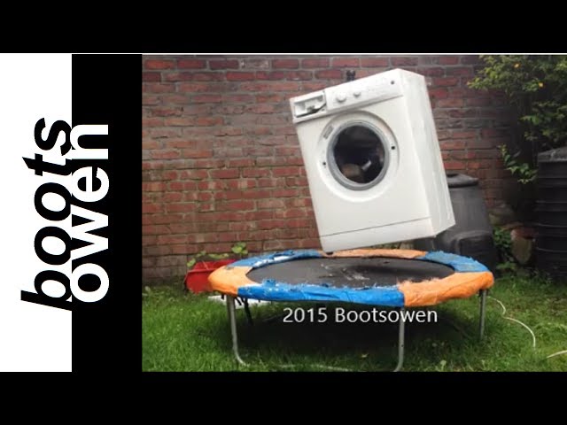 Washing Machine With A Brick Spinning Bounces On Trampoline - Video