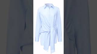 Long Sleeve Womens Blouse White Black Blue Asymmetric On Down Blouse Turn Down Collar
