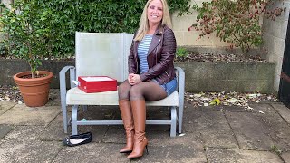 Reviewing brown knee high leather stiletto boots matched with black Wolford tigh