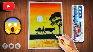 Sunset Scenery Drawing Sunset Drawing With Bullock Cart Poster Colour Painting