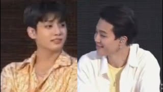 Jikook looking at each other, smiling and raising their eyebrows...