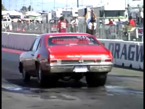 Wicked 1969 Chevrolet Nova burnout and launch Fontana Super Chevy bracket